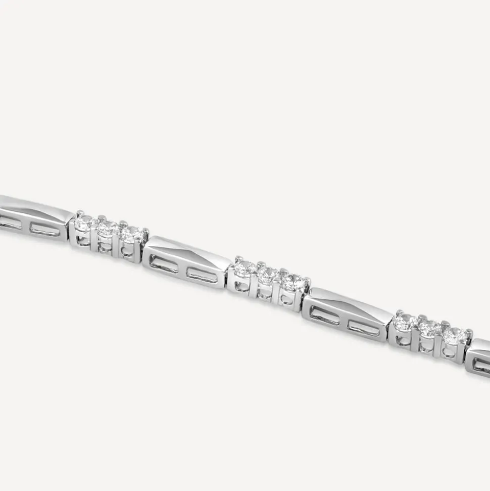 9ct White Gold Three Cubic Zirconia And Polished Bar Link Bracelet