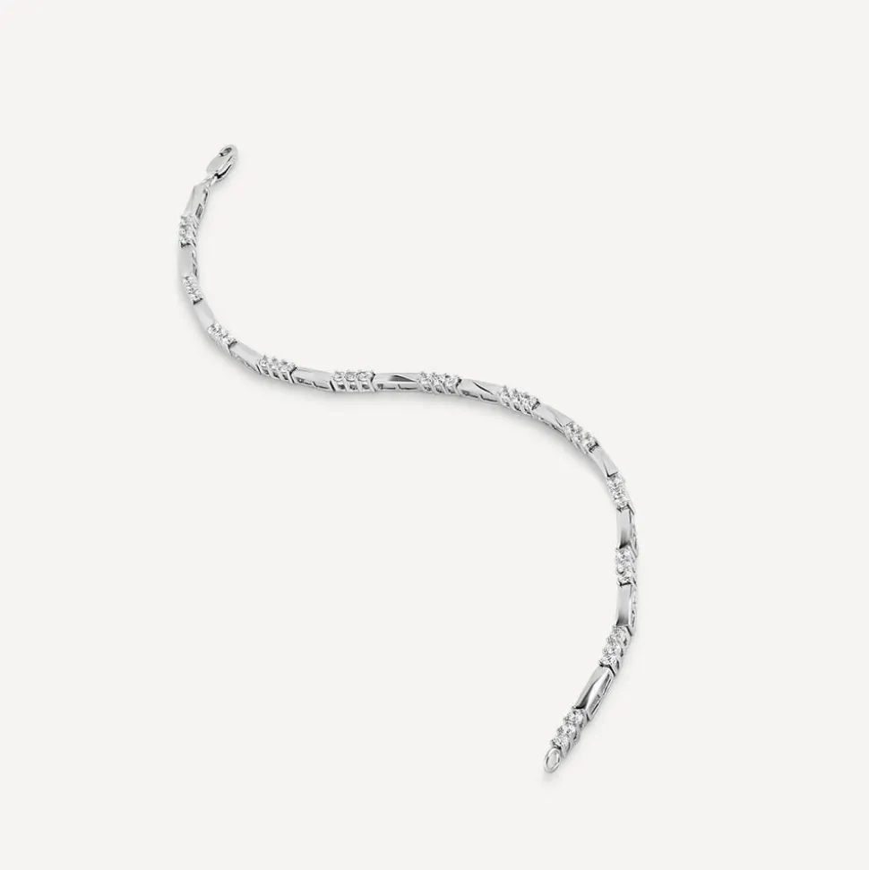 9ct White Gold Three Cubic Zirconia And Polished Bar Link Bracelet
