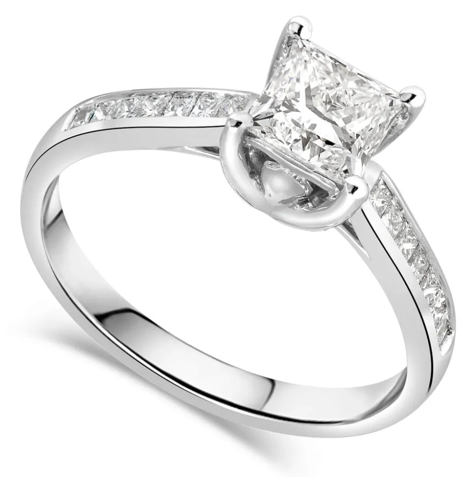 18ct White Gold Tulip Setting Princess Cut Solid With 1 Carat Diamond Set Shoulders Ring