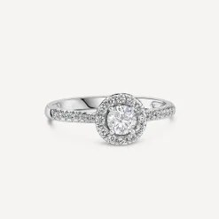 18ct White Gold Tulip Setting Halo Stone Shoulders 0.50 Carat Diamond Ring