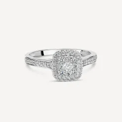 18ct White Gold Tulip Setting Diamond Square Halo Stone Shoulders 0.50 Carat Diamond Ring