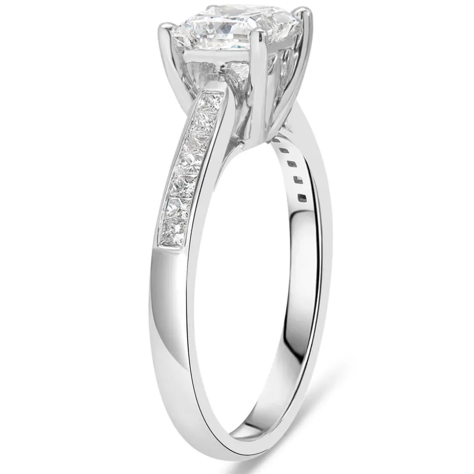 18ct White Gold Tulip Setting Princess Cut Solid With 1 Carat Diamond Set Shoulders Ring