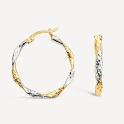 9ct Yellow & White Gold 20mm Diamond Cut Twist Hoop Earrings
