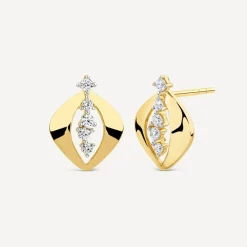 9ct Yellow Gold 5 Cubic Zirconia Stones Set in Open Oblong Shaped Stud Earring