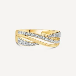 9ct Yellow Gold 3 Row Crossover 0.15ct Diamond Ring