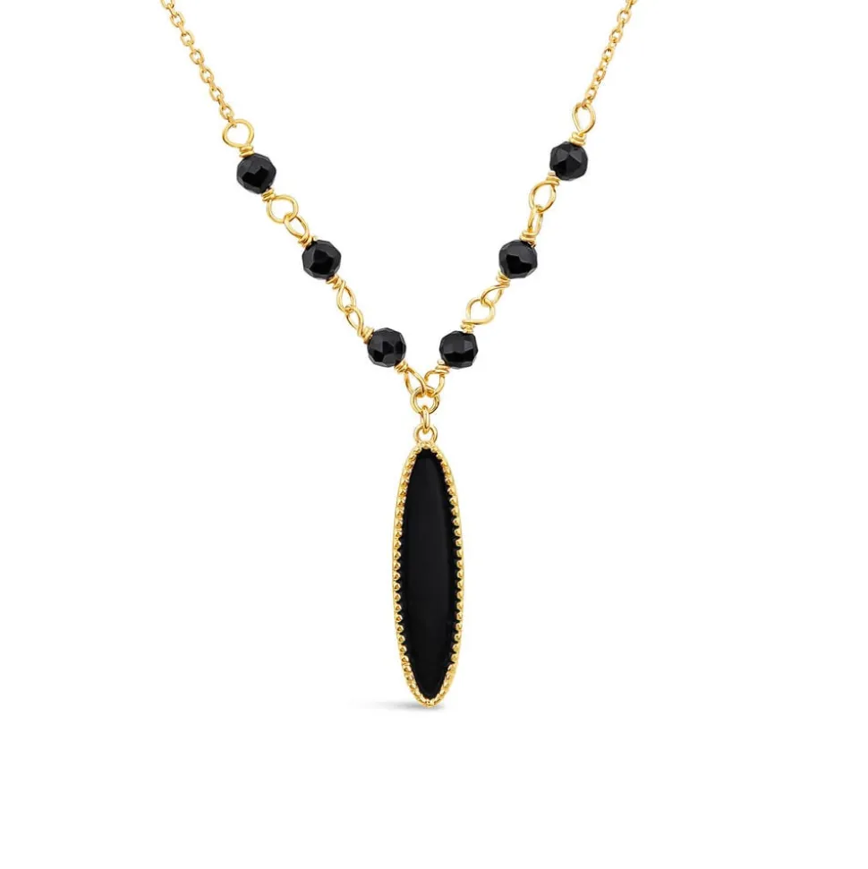 9ct Yellow Gold Black Enamel Beads & Oblong Drop Pendant Necklet