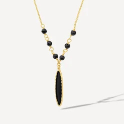 9ct Yellow Gold Black Enamel Beads & Oblong Drop Pendant Necklet