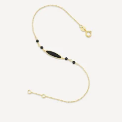 9ct Yellow Gold Black Enamel Beads & Oblong Oval Bracelet