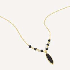 9ct Yellow Gold Black Enamel Beads & Oblong Drop Pendant Necklet