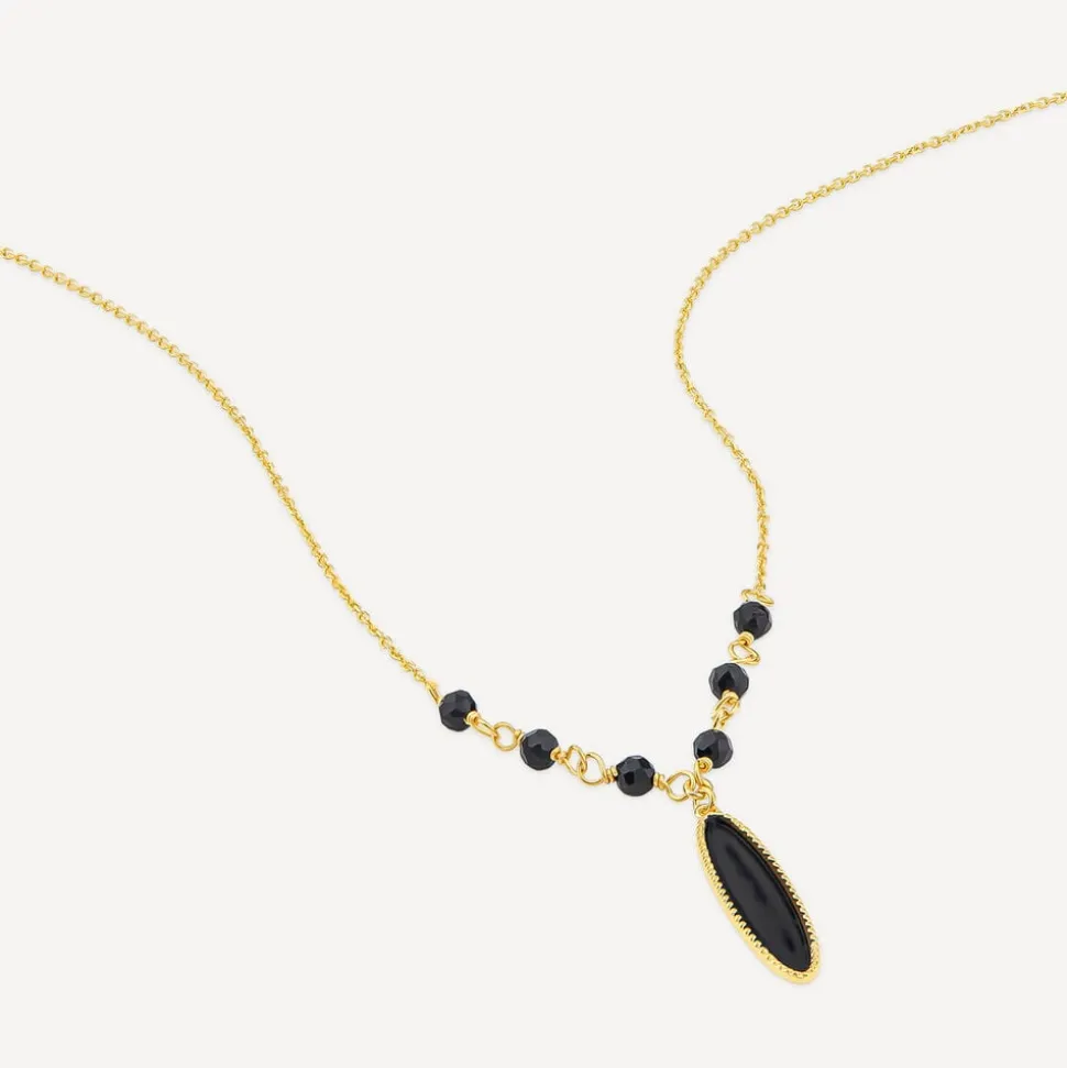 9ct Yellow Gold Black Enamel Beads & Oblong Drop Pendant Necklet