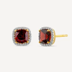 9ct Yellow Gold 0.15ct Cushion Garnet & Diamond Stud Earrings