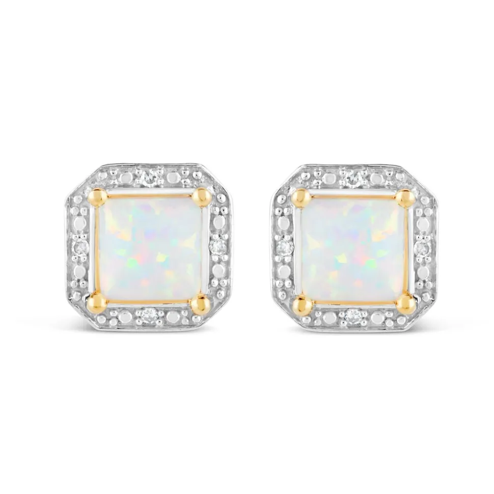 9ct Yellow Gold 0.02ct Diamond Frame Opal Earrings