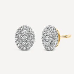 9ct Yellow Gold 0.25ct Diamond Cluster Oval Stud Earrings