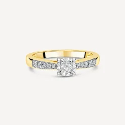 9ct Yellow Gold 0.17ct Diamond Illusion Solitaire Shoulders Ring