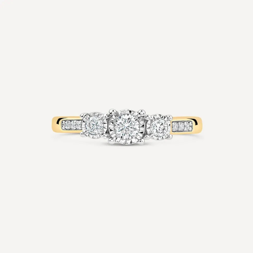 9ct Yellow Gold 0.33ct Illusion Three Stones & Diamond Shoulders Ring