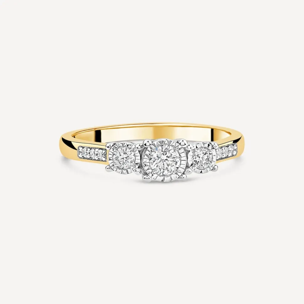 9ct Yellow Gold 0.33ct Illusion Three Stones & Diamond Shoulders Ring