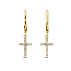 9ct Yellow Gold Cubic Zirconia Drop Cross Hoop Earrings