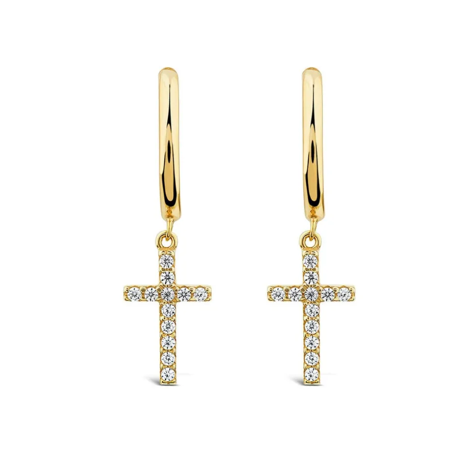 9ct Yellow Gold Cubic Zirconia Drop Cross Hoop Earrings