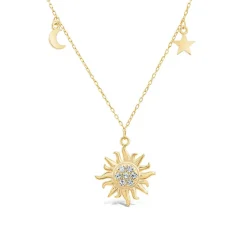 9ct Yellow Gold Cubic Zirconia Sun & Moon & Star Drop Pendant