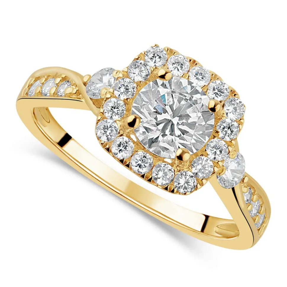 9ct Yellow Gold Cubic Zirconia Square Halo Twist Ring