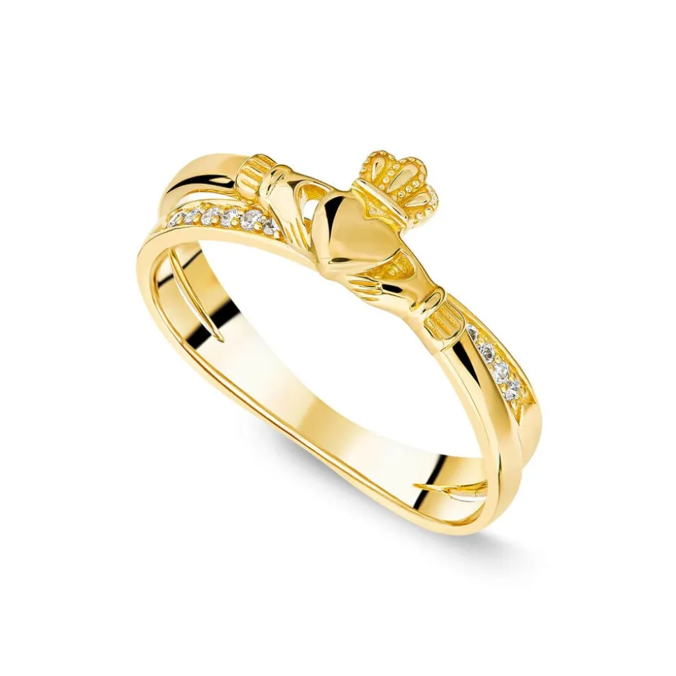 9ct Yellow Gold Cubic Zirconia X Over Claddagh Ring