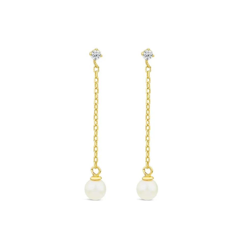 9ct Yellow Gold Cubic Zirconia Top & Chain Pearl Drop Earrings
