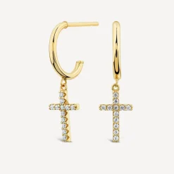 9ct Yellow Gold Cubic Zirconia Drop Cross Hoop Earrings