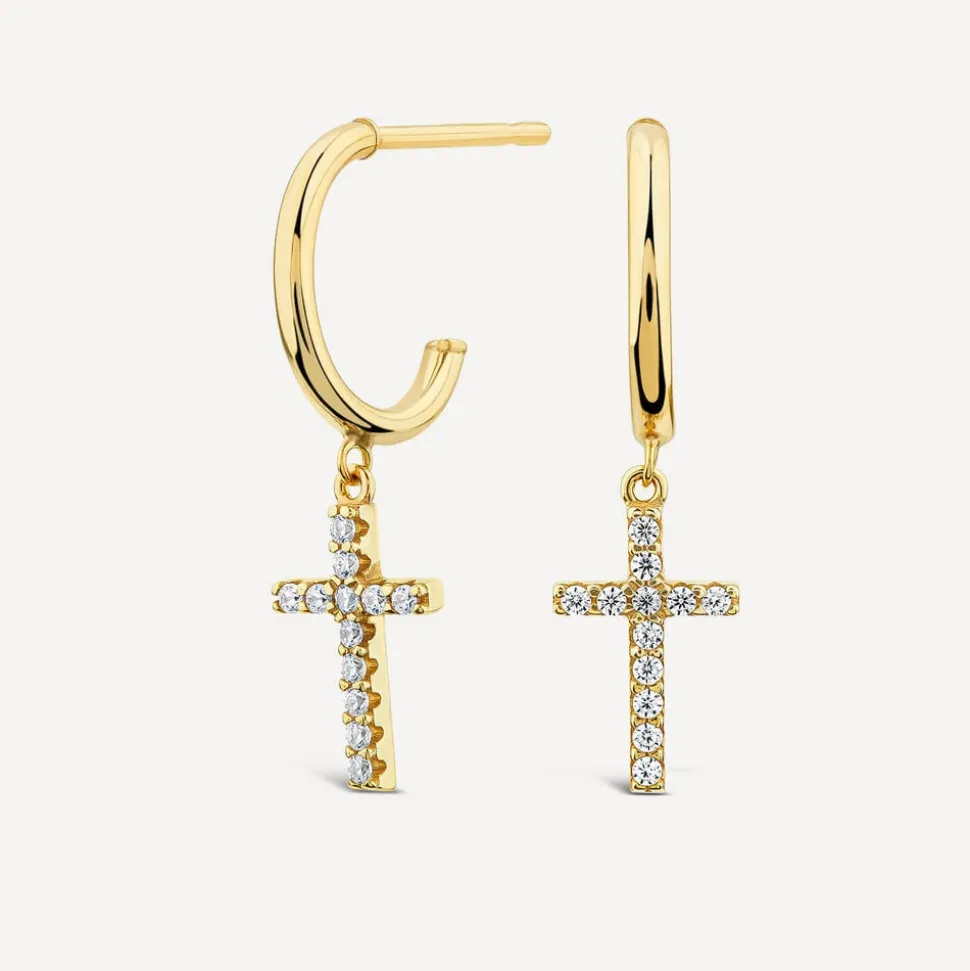 9ct Yellow Gold Cubic Zirconia Drop Cross Hoop Earrings