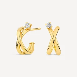 9ct Yellow Gold Cubic Zirconia Top Crossover Curve Stud Earrings