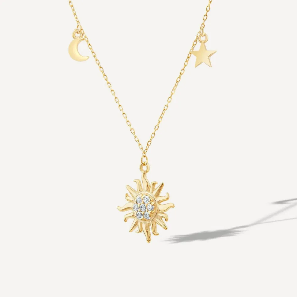 9ct Yellow Gold Cubic Zirconia Sun & Moon & Star Drop Pendant