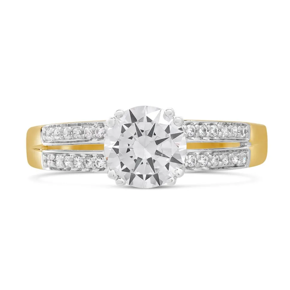 9ct Yellow Gold Cubic Zirconia Solitaire with Pave Cubic Zirconia Split Shoulders Ring