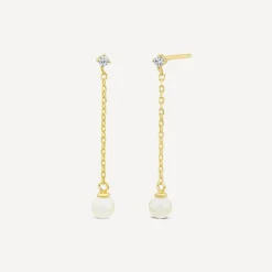 9ct Yellow Gold Cubic Zirconia Top & Chain Pearl Drop Earrings