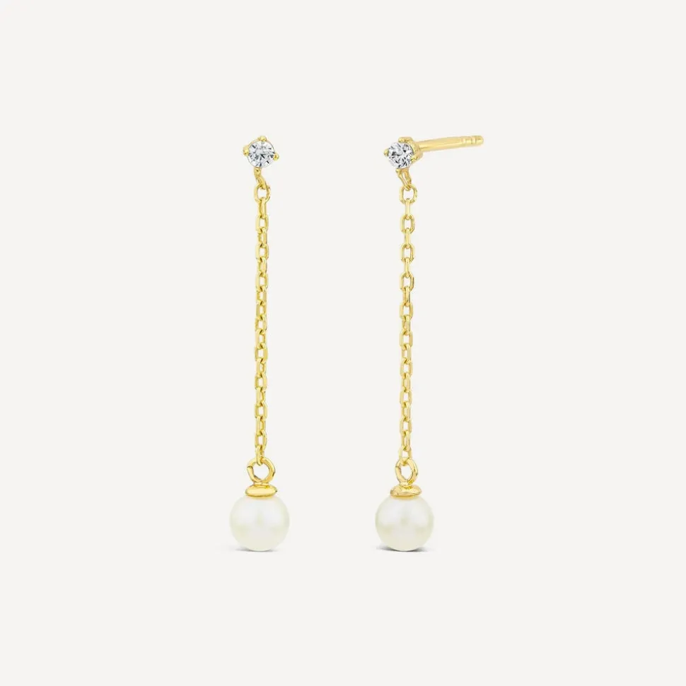 9ct Yellow Gold Cubic Zirconia Top & Chain Pearl Drop Earrings