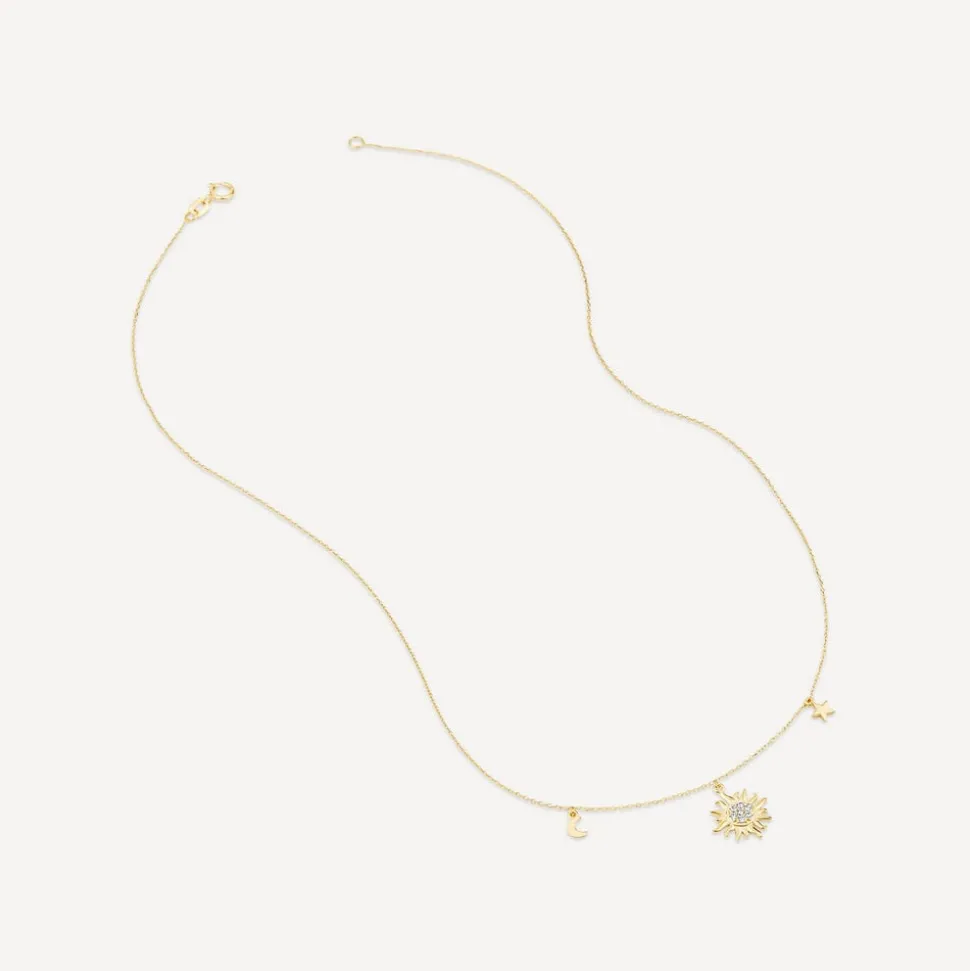 9ct Yellow Gold Cubic Zirconia Sun & Moon & Star Drop Pendant
