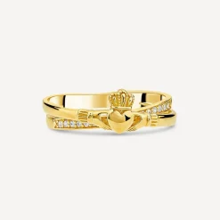 9ct Yellow Gold Cubic Zirconia X Over Claddagh Ring