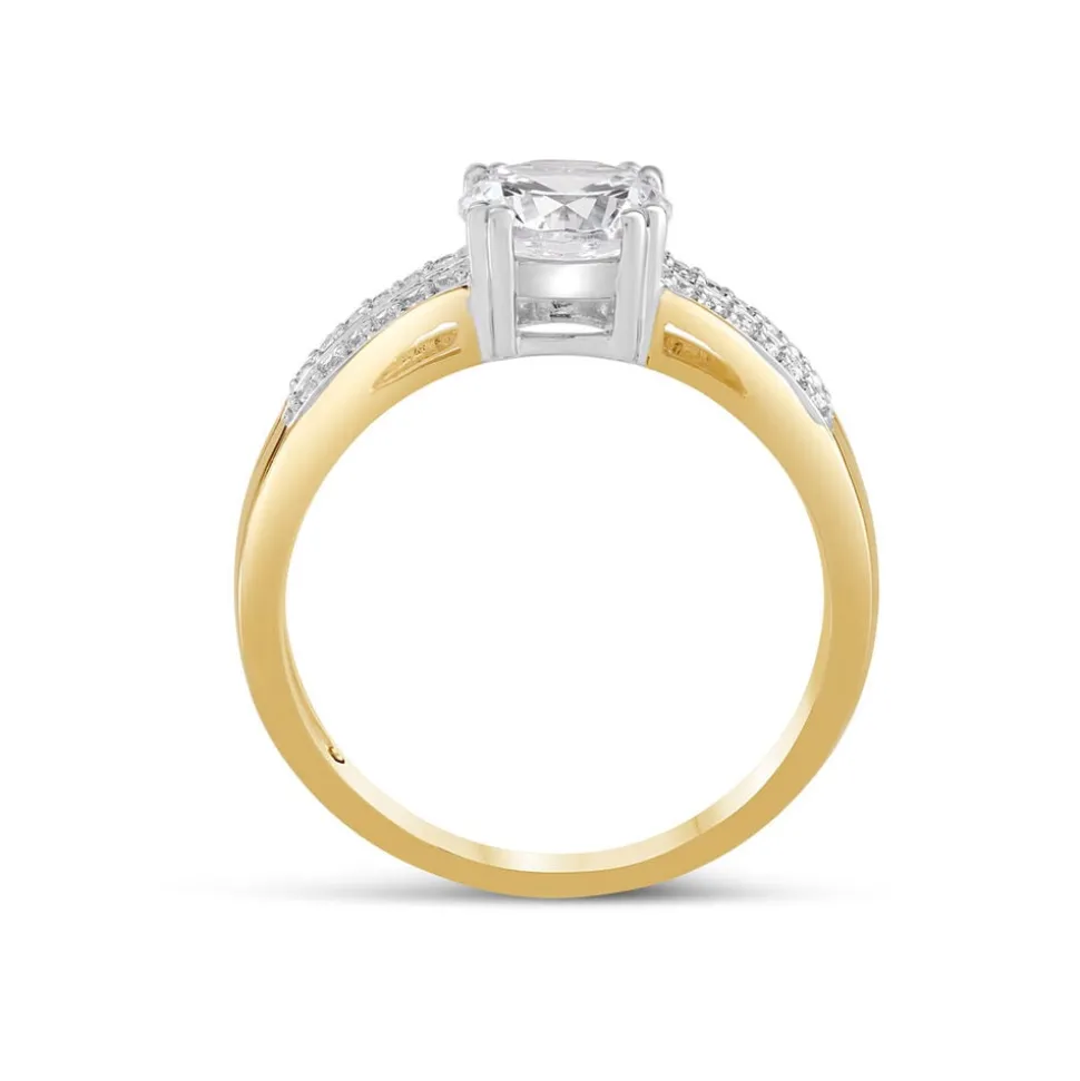 9ct Yellow Gold Cubic Zirconia Solitaire with Pave Cubic Zirconia Split Shoulders Ring