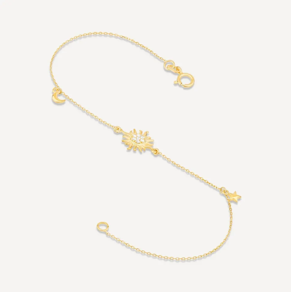 9ct Yellow Gold Cubic Zirconia Sun & Moon & Star Chain Bracelet