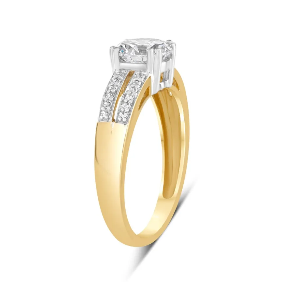 9ct Yellow Gold Cubic Zirconia Solitaire with Pave Cubic Zirconia Split Shoulders Ring
