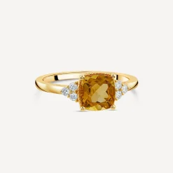 9ct Yellow Gold Cushion Citrine & 0.13ct Diamond Trefoil Sides Ring