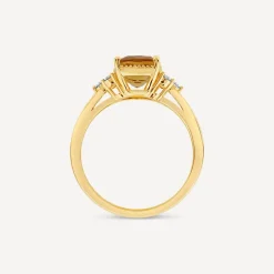 9ct Yellow Gold Cushion Citrine & 0.13ct Diamond Trefoil Sides Ring