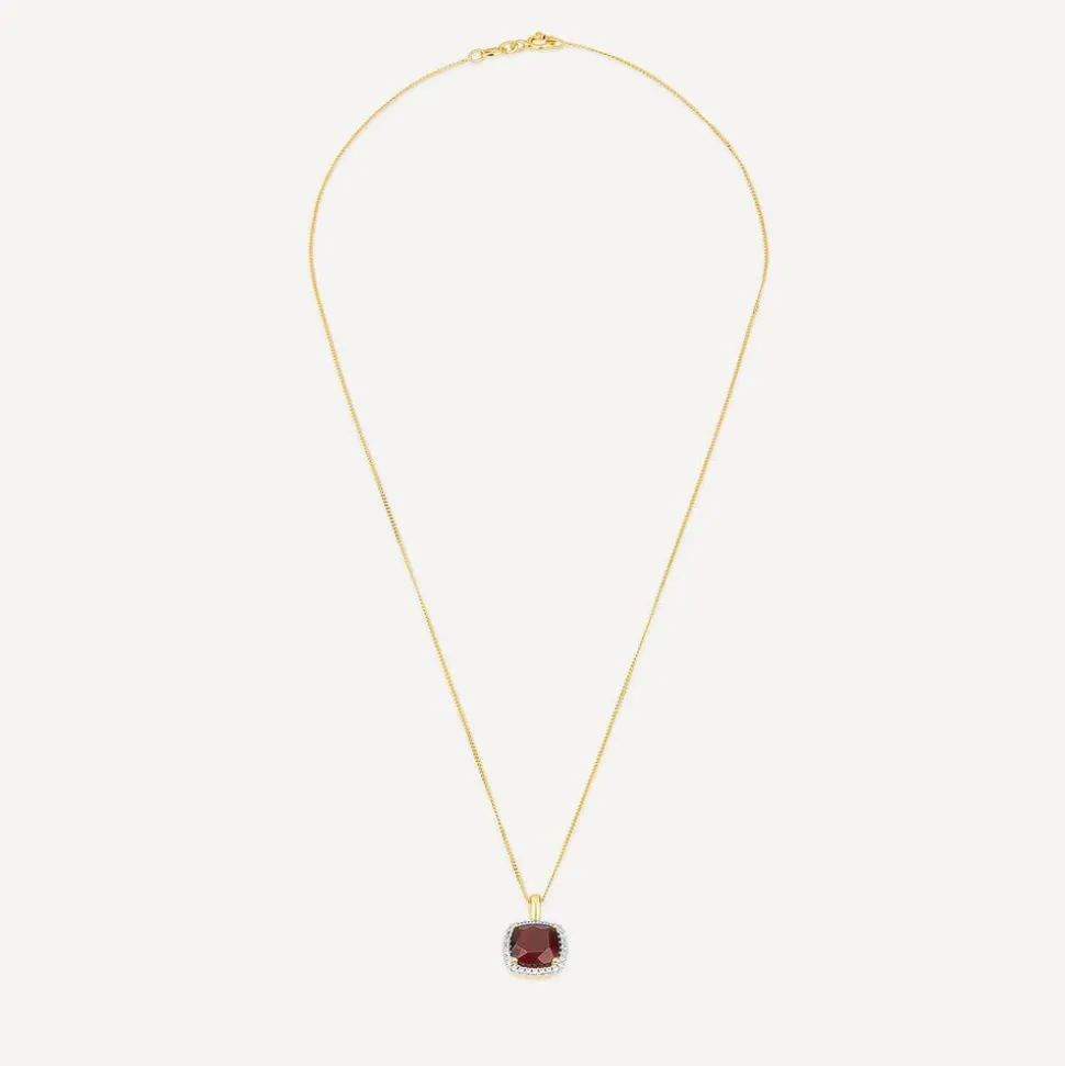 9ct Yellow Gold Cushion Garnet & 0.15ct Diamond Pendant