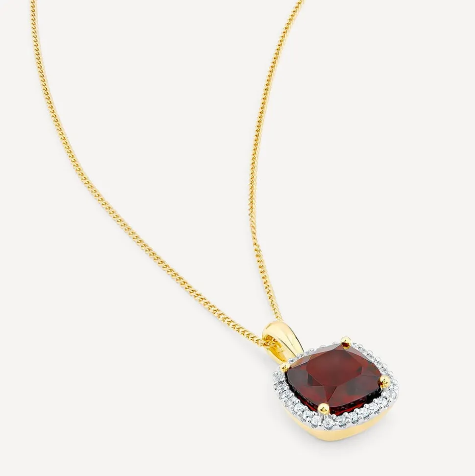 9ct Yellow Gold Cushion Garnet & 0.15ct Diamond Pendant