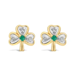 14ct Yellow Gold Diamond & Emerald Shamrock Stud Earrings