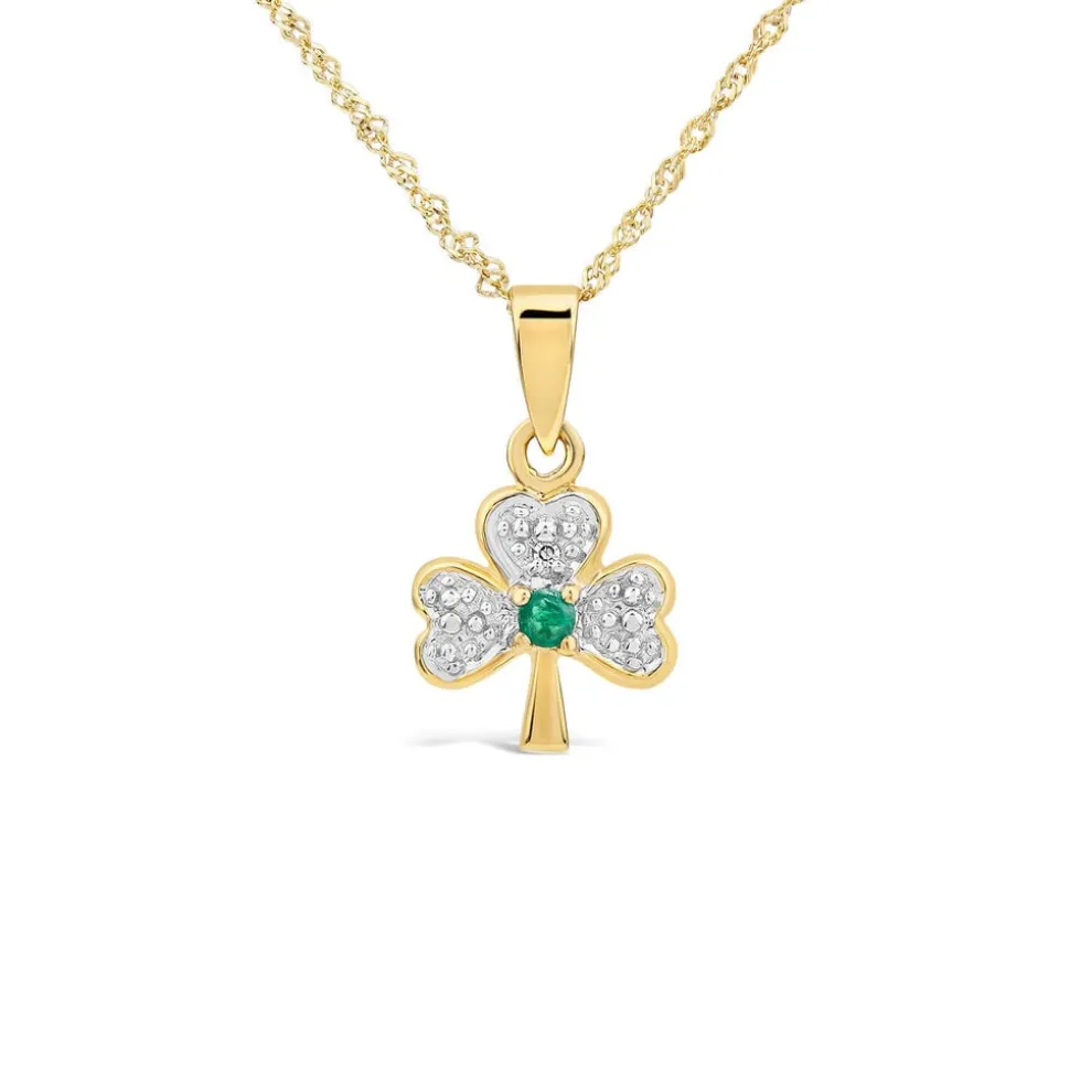 14ct Yellow Gold Diamond & Emerald Shamrock Pendant