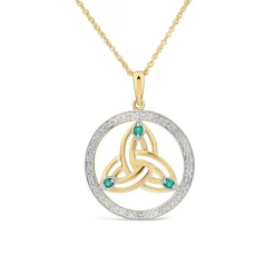 14ct Yellow Gold Diamond & Emerald Trinity Knot Round Pendant
