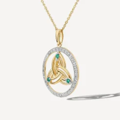 14ct Yellow Gold Diamond & Emerald Trinity Knot Round Pendant