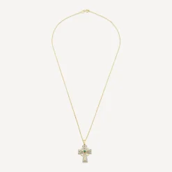 14ct Yellow Gold Diamond & Emerald Celtic Cross Pendant