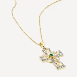 14ct Yellow Gold Diamond & Emerald Celtic Cross Pendant