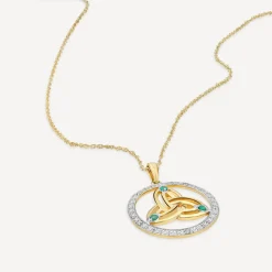 14ct Yellow Gold Diamond & Emerald Trinity Knot Round Pendant