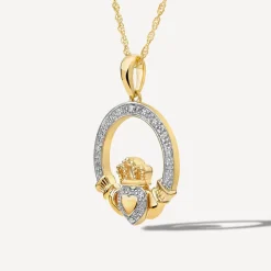 14ct Yellow Gold Diamond Claddagh Pendant